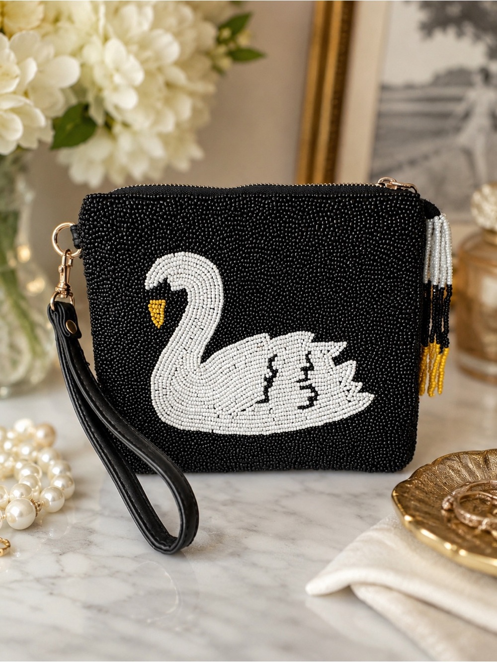 Sincerely Jules Swan Beaded Wristlet Clutch Black White Statement Evening Bag